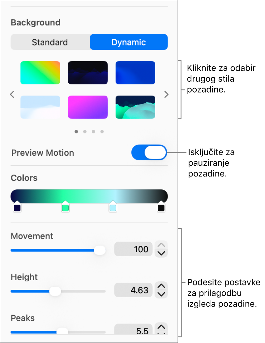 Tipka Dinamično odabrana u odjeljku Pozadina rubnog stupca Formatiraj s prikazanim stilovima dinamične pozadine, kontrolom Prikaz kretanja te kontrolama izgleda.