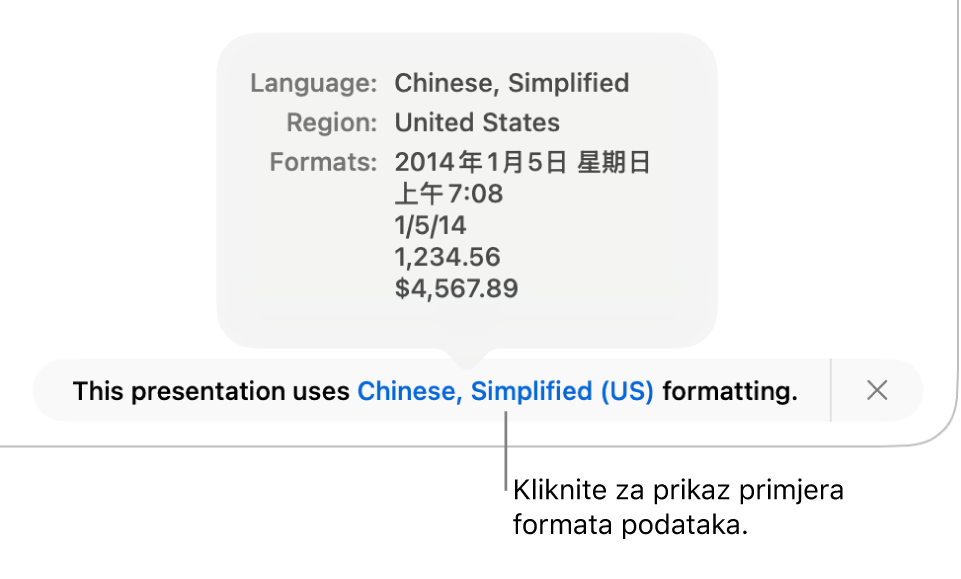 Obavijest o postavci drugog jezika i regije, pokazuje primjere formatiranja na tom jeziku i u toj regiji.