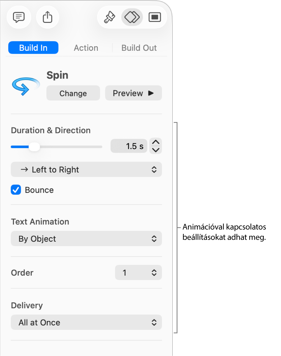Belépési beállítások az oldalsáv Animálás szakaszában.