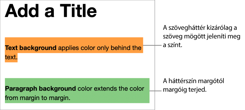 Egy bekezdés, amelyben csak a szöveg mögött van szín, és egy másik bekezdés, ahol a szín blokkszerűen a margókig terjed.