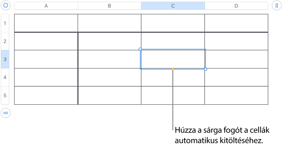 Egy kijelölt cella sárga fogantyúval, amelyet igény szerint elhúzhat a cellák automatikus kitöltéséhez.