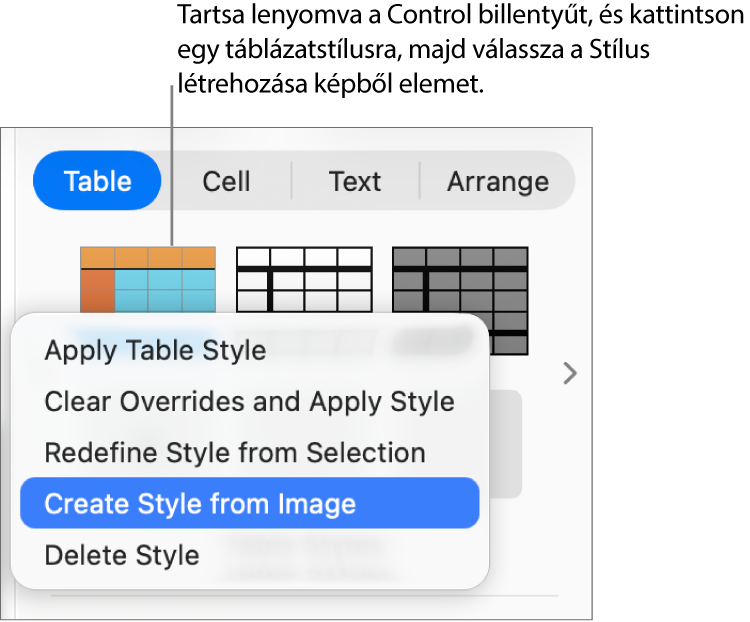A Táblázatstílus helyi menü.