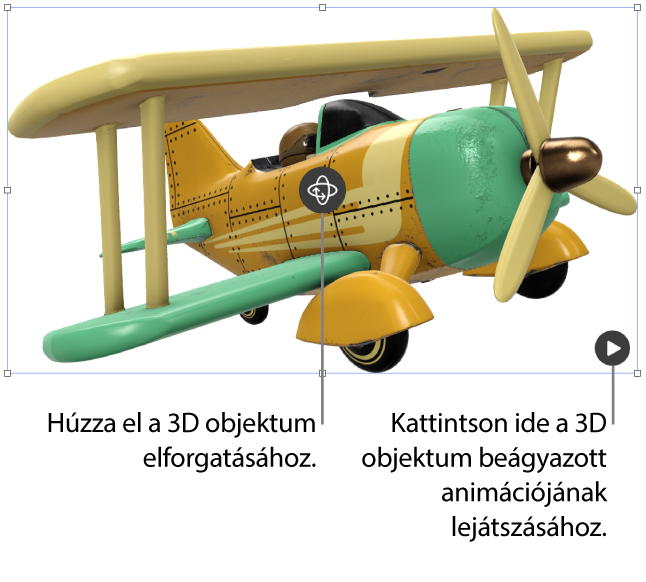 Egy 3D-objektum, az objektum közepén a forgatás gombbal, és a jobb alsó sarokban a lejátszás gombbal.