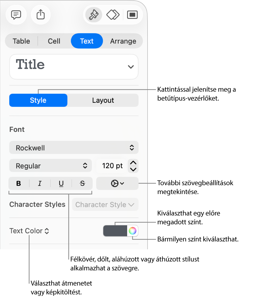 A táblázatszöveg stílusának beállítására szolgáló vezérlők.