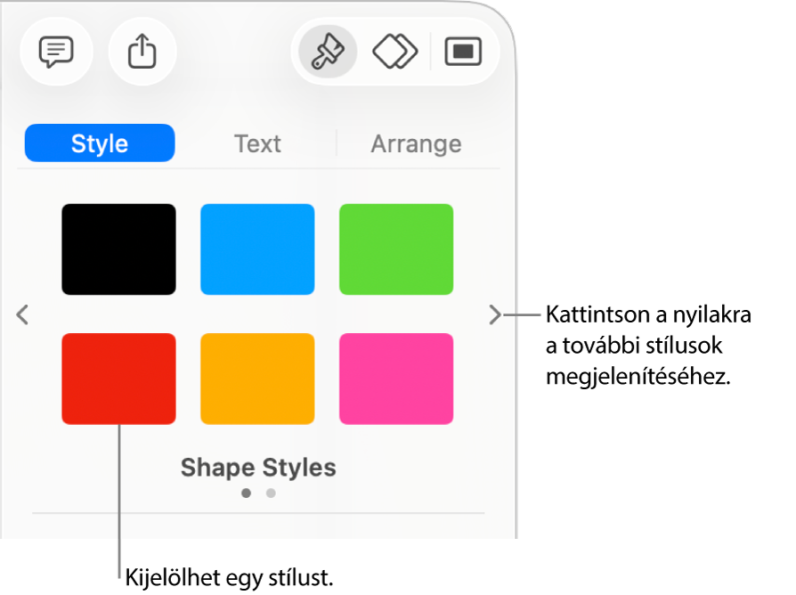 A Formátum oldalsáv Stílus lapja hat objektumstílussal és navigációs nyilakkal a bal és a jobb oldalon.