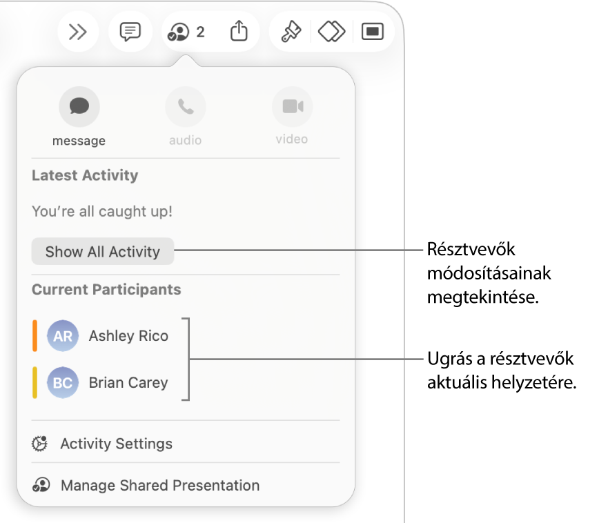 Az együttműködési menü két jelenlegi résztvevővel.