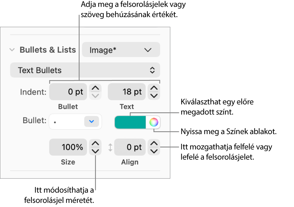 A Felsorolásjelek és listák szakasz a felsorolásjel- és szövegbehúzás, a felsorolásjelszín, -méret és igazítás vezérlőit jelölő feliratokkal.