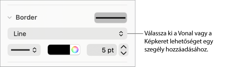 A Szegélystílus vezérlők a Formátum oldalsávon, a szegélystílusként kijelölt Vonal elemmel.