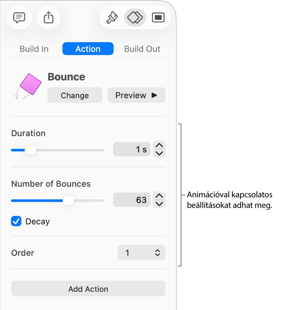 Műveletvezérlők az oldalsáv Animálás szakaszában.