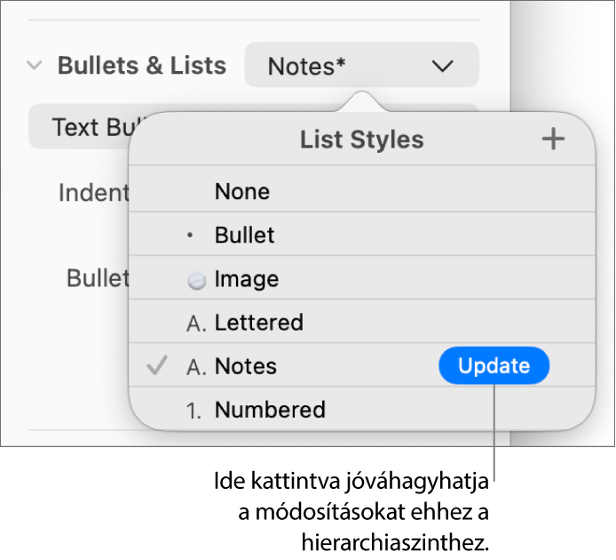 A Listastílusok előugró menü az új stílus neve melletti Frissítés gombbal.