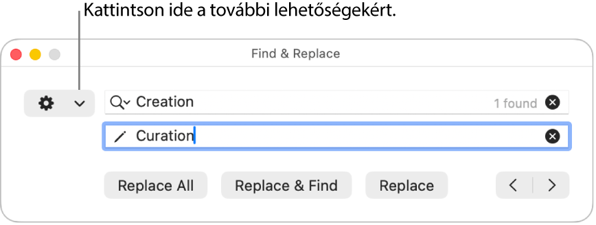 A Keresés és csere ablak a további beállításokat megjelenítő felugró menüt jelölő felirattal.