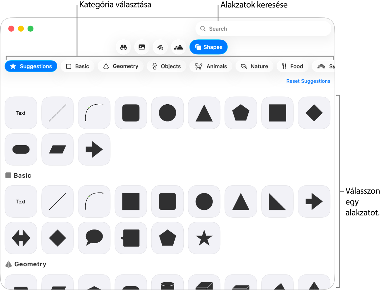 Az alakzatok könyvtára, amelynek bal oldalán a kategóriák láthatók, jobb oldalán pedig az alakzatok. A képernyő tetején lévő keresés mezőben alakzatokat kereshet, görgetéssel pedig további alakzatokat tekinthet meg.