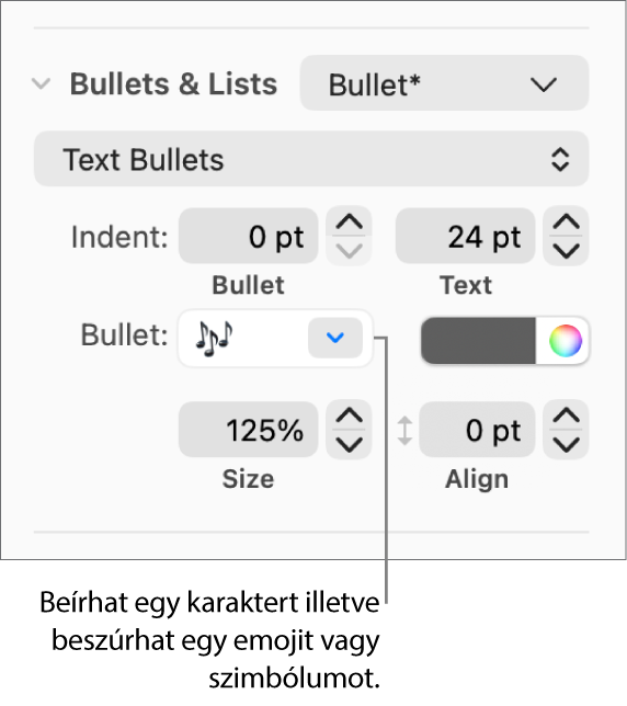 A Formátum oldalsáv Felsorolásjelek és listák szakasza. A Felsorolások mező egy virág emojival