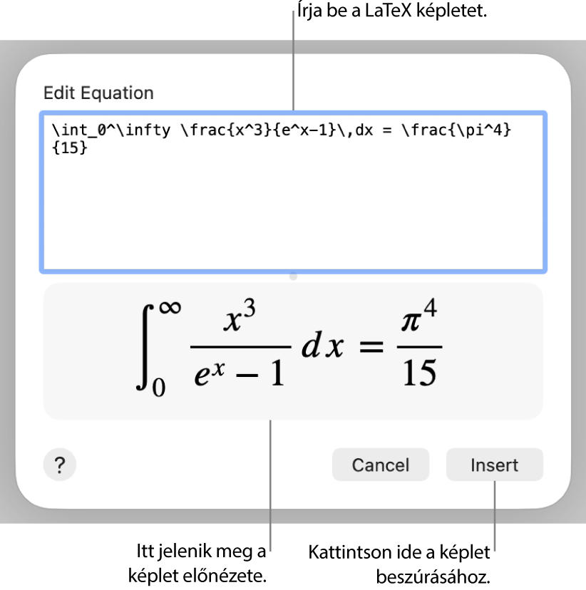 A LaTeX használatával írt másodfokú egyenlet megoldóképlete az Egyenlet mezőben és az egyenlet előnézete alul.