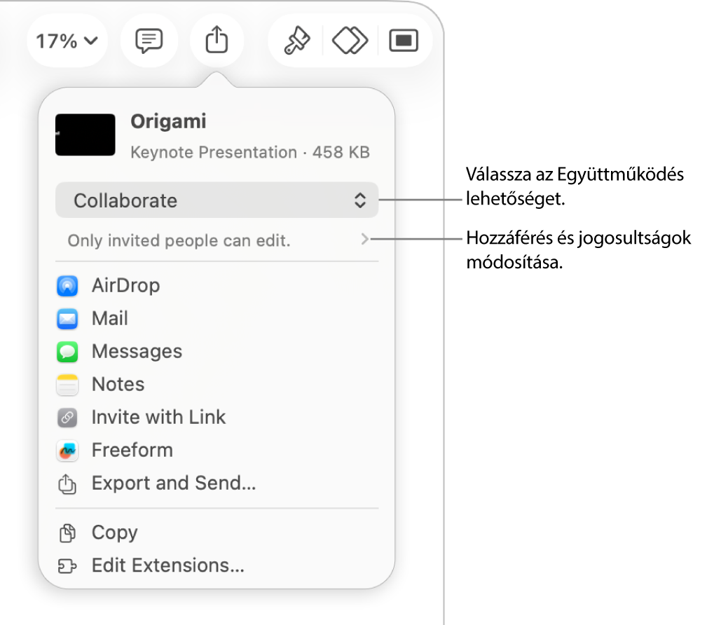 A Megosztás menü a felül kijelölt Együttműködés lehetőséggel, és az alatt látható hozzáférési és jogosultsági beállításokkal.