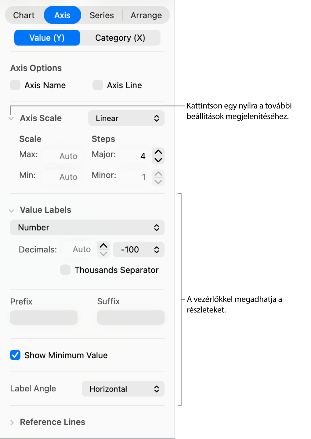 Vezérlők a diagramtengelyek jelölésének formázására.