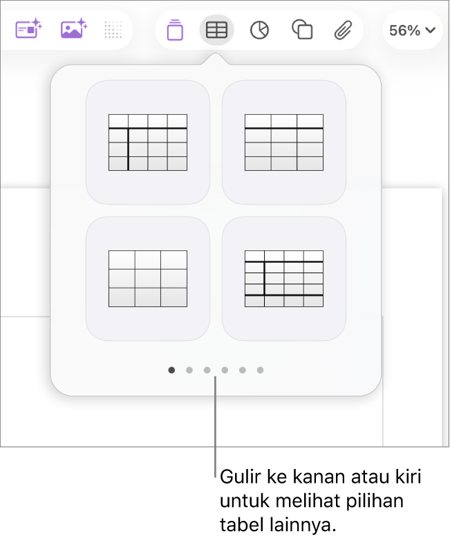 Panel Tambah Tabel dengan panah navigasi di sebelah kiri dan kanan.