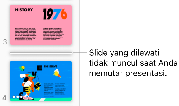 Navigator slide dengan slide yang dilewati ditunjukkan sebagai garis horizontal.