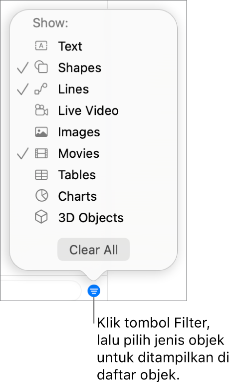 Menu pop-up Filter terbuka, dengan daftar jenis objek yang dapat disertakan dalam daftar (teks, bentuk, garis, gambar, film, tabel, dan bagan).