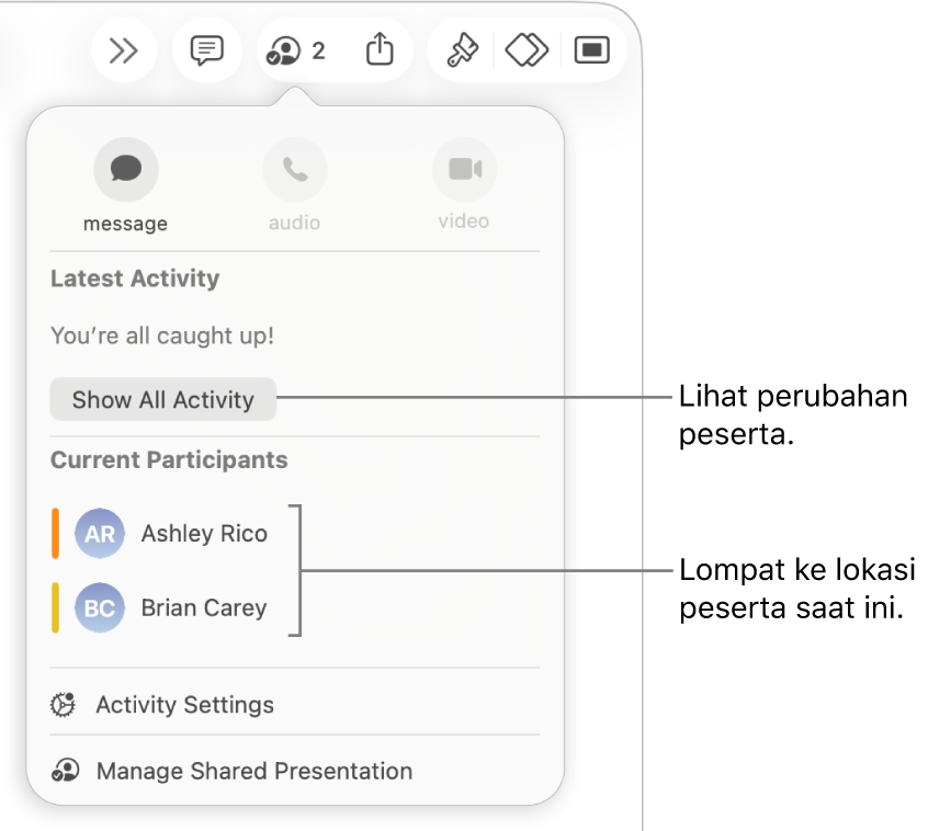 Menu kolaborasi dengan dua peserta saat ini terdaftar.