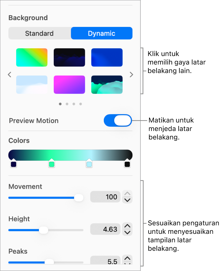Tombol Dinamis dipilih di bagian Latar Belakang pada bar samping Format dengan gaya latar belakang dinamis, kontrol Pratinjau Gerakan, dan kontrol tampilan dipilih.