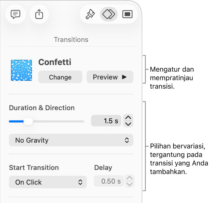 Kontrol Transisi di bagian Transisi pada bar samping.