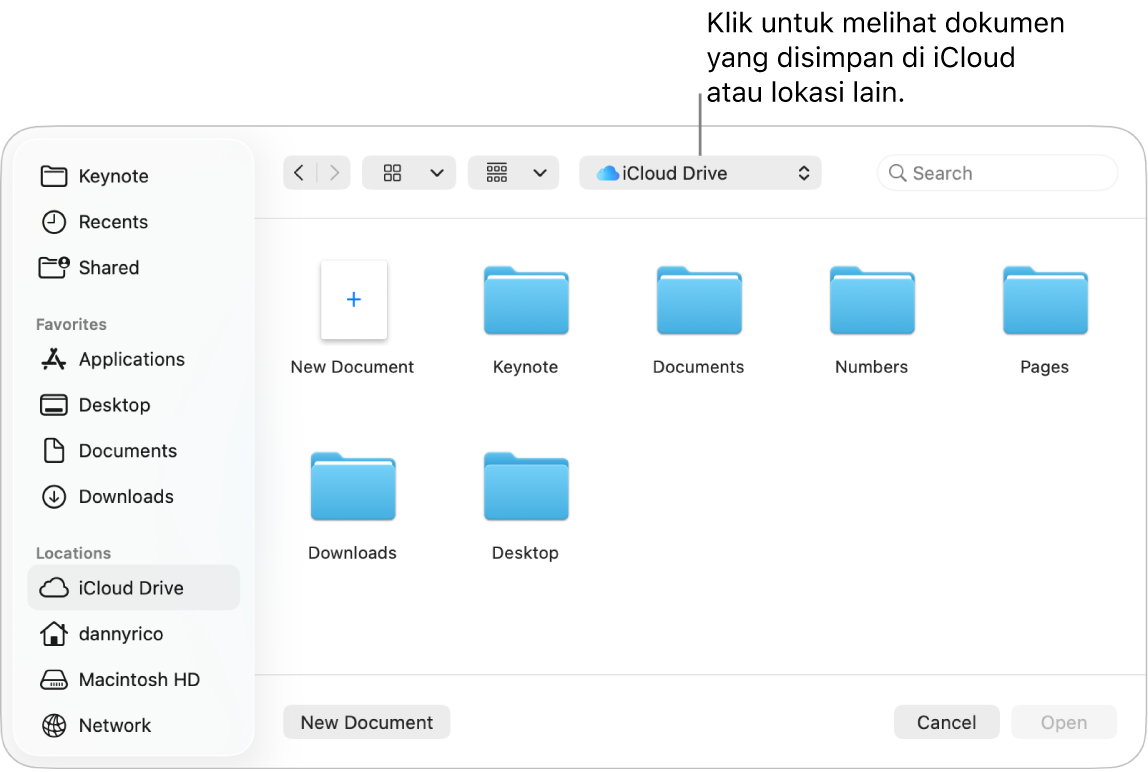 Dialog Buka dengan bar samping terbuka di sebelah kiri dan iCloud Drive dipilih di menu pop-up di bagian atas. Folder untuk Keynote, Numbers, dan Pages muncul di dialog bersama dengan tombol Dokumen Baru.
