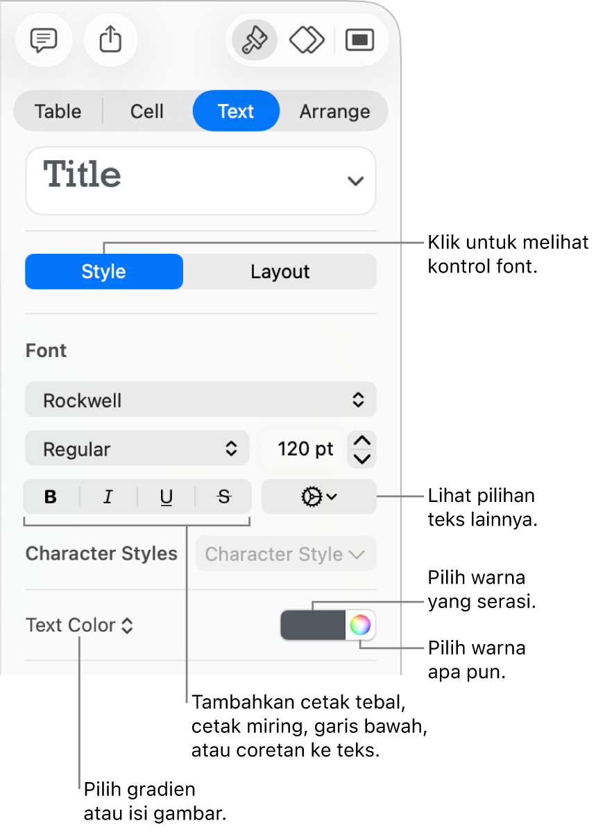 Kontrol untuk memberi gaya pada teks tabel.