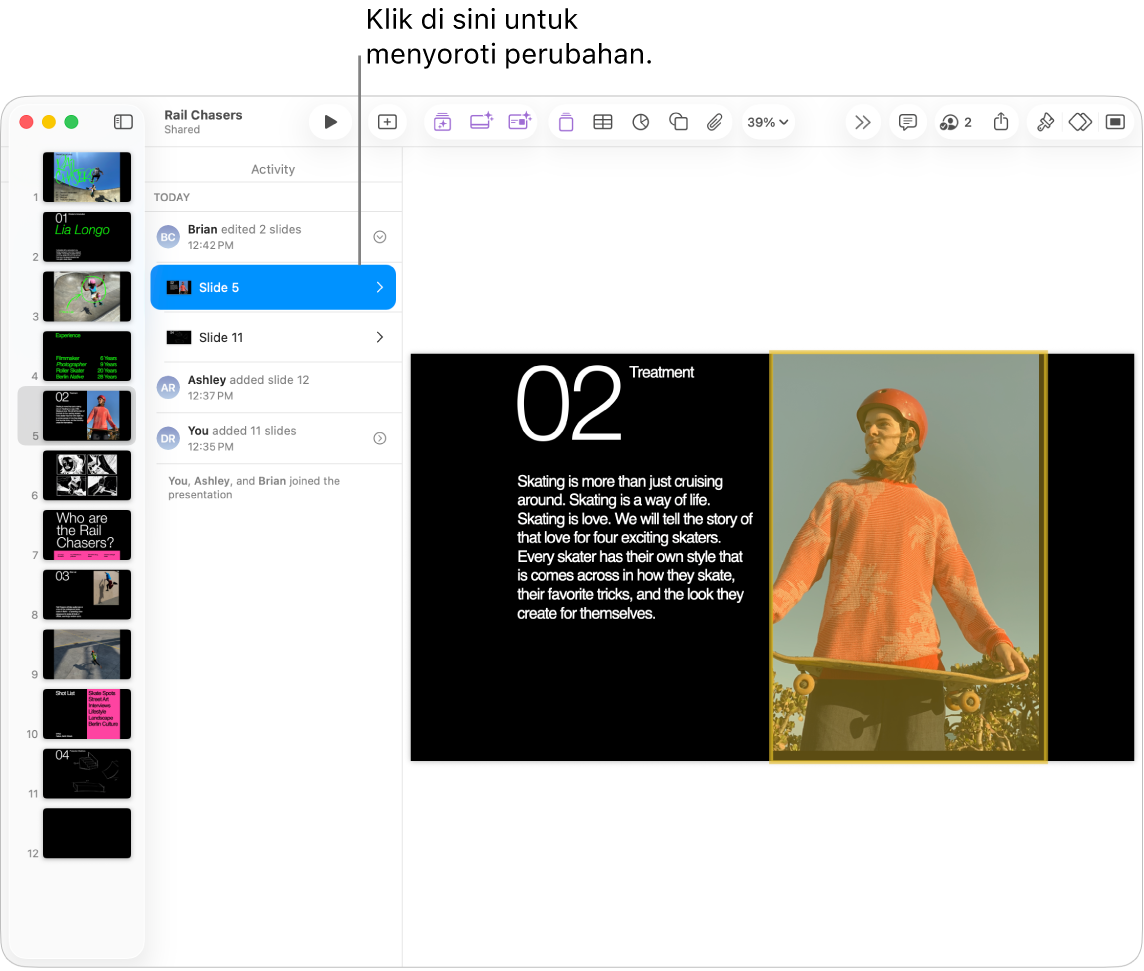 Presentasi kolaboratif dengan menu kolaborasi dan daftar aktivitas terbuka.
