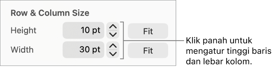 Kontrol untuk mengatur ketepatan ukuran baris atau kolom.