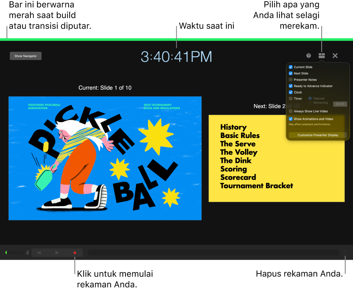 Jepretan layar dari mode rekaman video pada tampilan penyaji. Slide saat ini dan berikutnya, waktu saat ini, dan kontrol tampilan penyaji dapat dilihat. Kontrol untuk memulai dan mengakhiri rekaman dan kontrol untuk menghapus rekaman yang muncul di dekat bagian bawah tampilan.