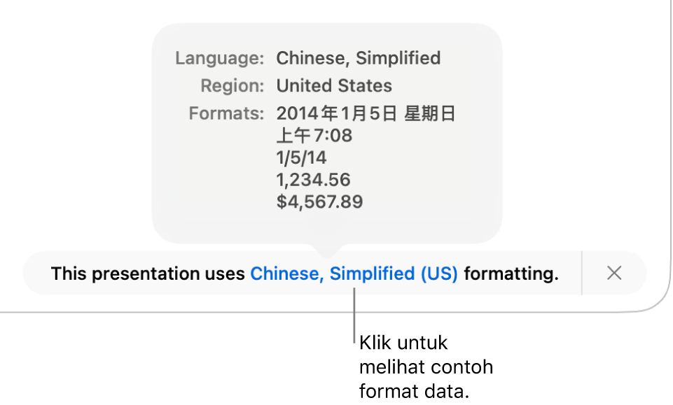 Pemberitahuan pengaturan bahasa dan wilayah yang berbeda, menunjukkan contoh format dalam bahasa dan wilayah tersebut.