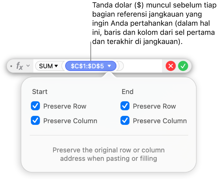 Editor Formula menampilkan opsi Pertahankan Baris dan Pertahankan Kolom yang dipilih untuk rentang tertentu.