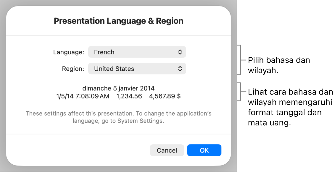 Panel Bahasa & Wilayah dengan kontrol untuk bahasa dan wilayah, serta contoh format termasuk tanggal, waktu, desimal, dan mata uang.
