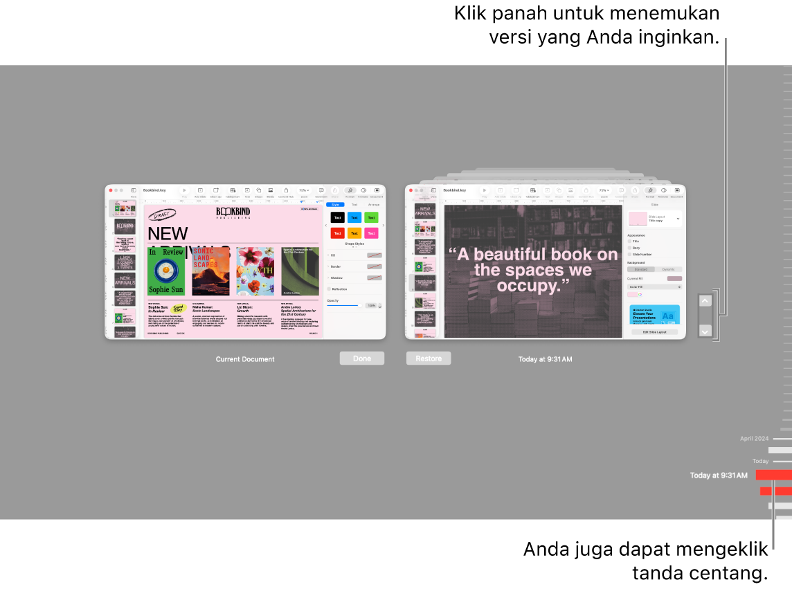 Mengembalikan tampilan yang menampilkan tanda centang dan panah.