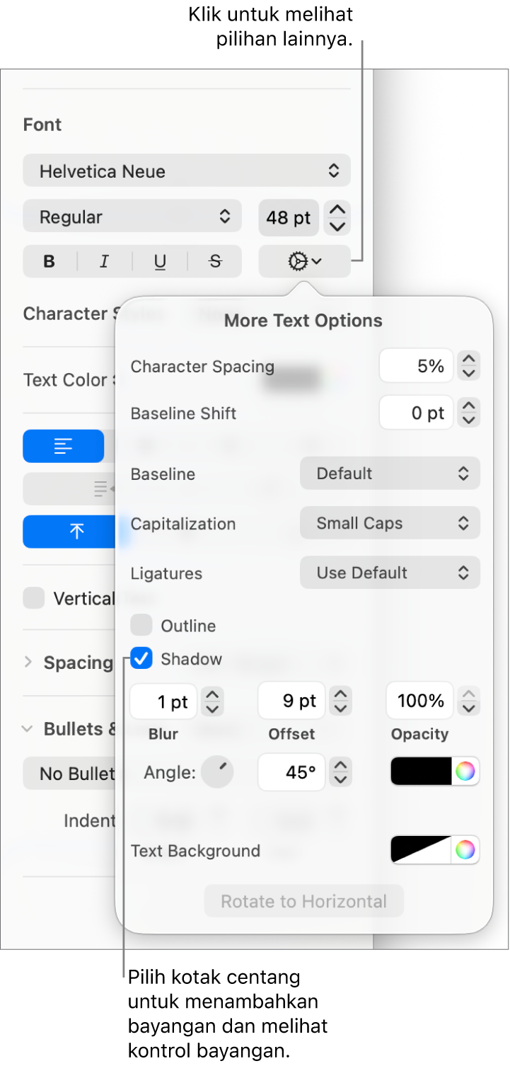 Menu Pilihan Lanjutan terbuka dengan kotak centang Bayangan dipilih dan kontrol untuk mengatur. kekaburan, offset, opasitas, sudut, dan warna.