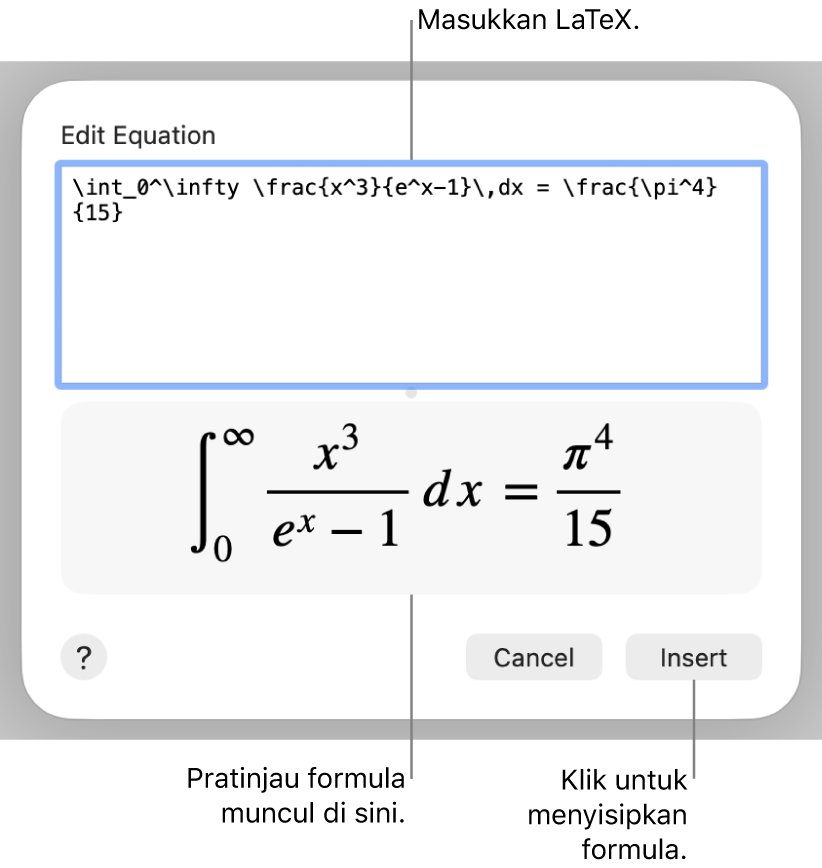 Formula kuadratik yang ditulis menggunakan LaTeX di bidang Persamaan, dan pratinjau formula di bawah ini.