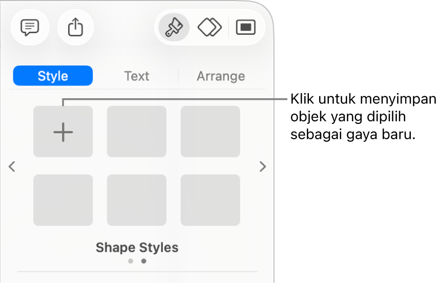 Tab Gaya bar samping Format dengan satu gaya kotak teks, tombol Buat Gaya di kanan gaya, dan empat placeholder gaya kosong.