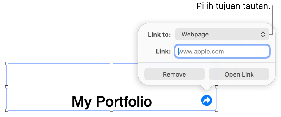 Kontrol editor tautan dengan Halaman Web dipilih dan tombol Hapus serta Buka Tautan di bagian bawah.