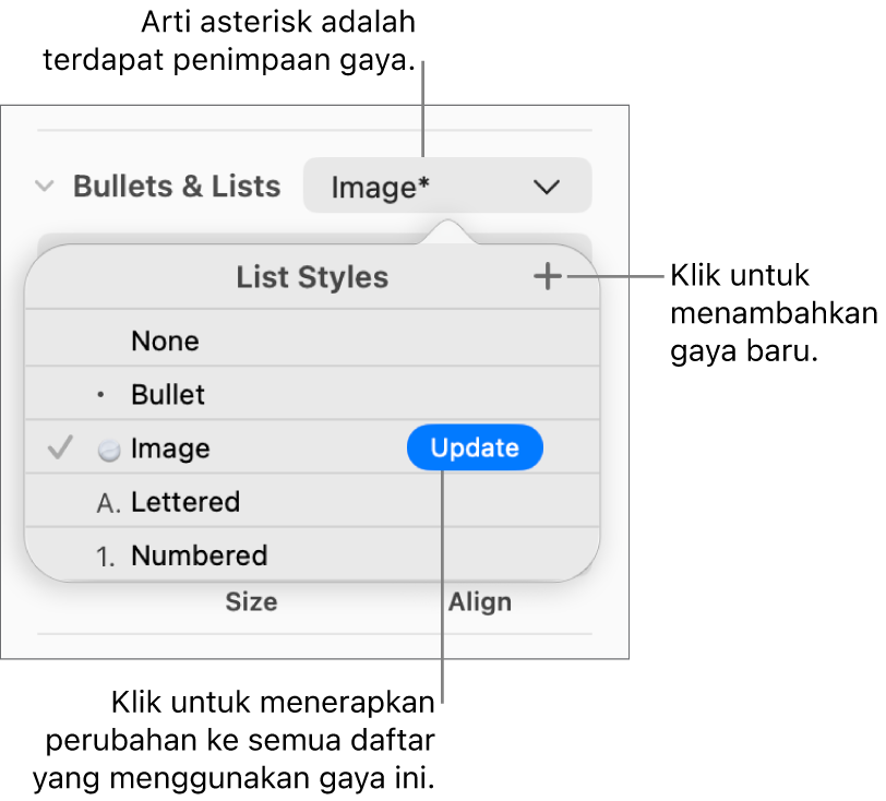 Menu pop-up Gaya Daftar dengan asterisk yang menunjukkan penimpaan, keterangan pada tombol Gaya Baru, dan submenu pilihan untuk mengelola gaya.