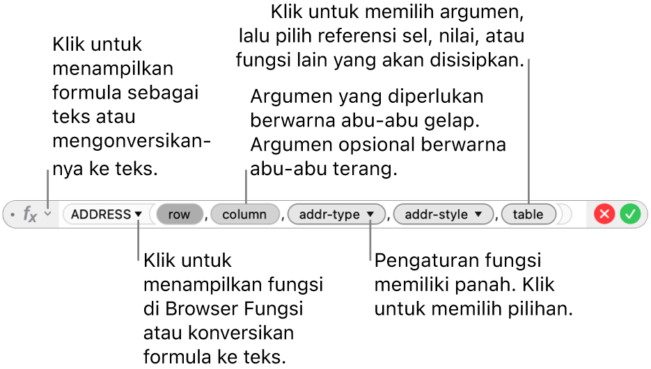 Editor Formula menampilkan fungsi ADDRESS dan argumen tokennya.