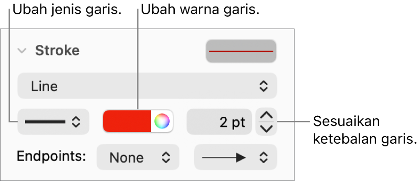 Kontrol goresan untuk mengatur titik akhir, ketebalan garis, dan warna.