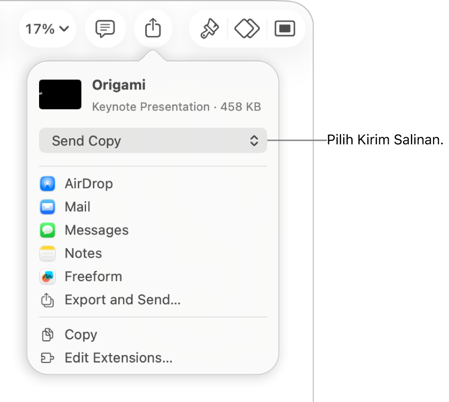 Menu Bagikan dengan Kirim Salinan dipilih di bagian atas.