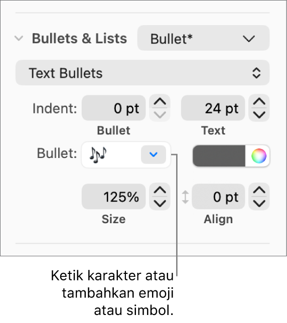 Bagian Poin & Daftar pada bar samping Format. Bidang Poin menampilkan emoji bunga.