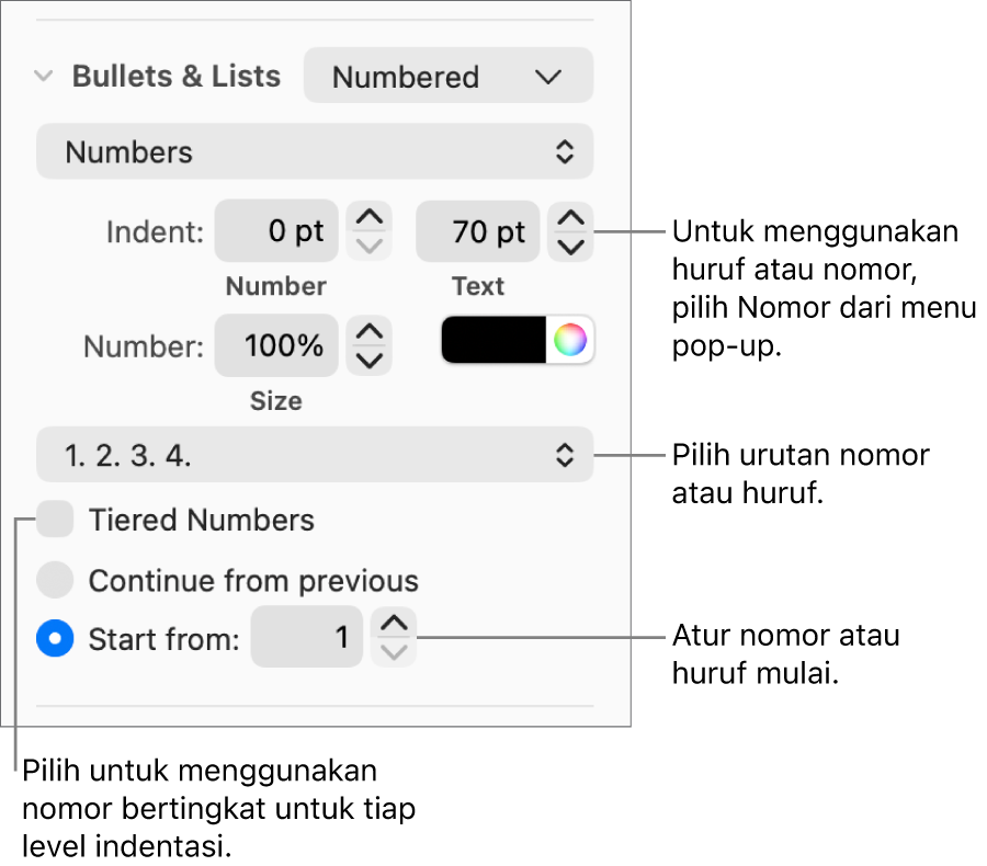 Kontrol untuk mengubah gaya nomor dan spasi daftar.
