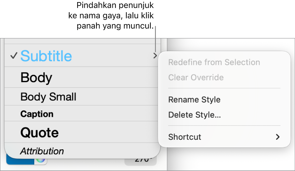 Menu Gaya Paragraf dengan menu pintasan yang terbuka.