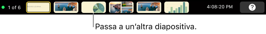 Touch Bar di MacBook Pro con i controlli della presentazione che permettono di uscire dalla presentazione, passare ad altre diapositive e cambiare lo schermo del presentatore.