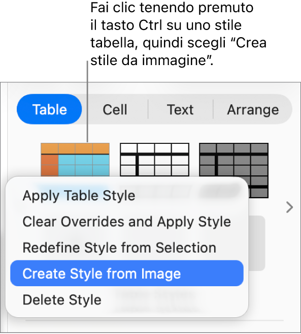 Il menu di scelta rapida dello stile tabella.