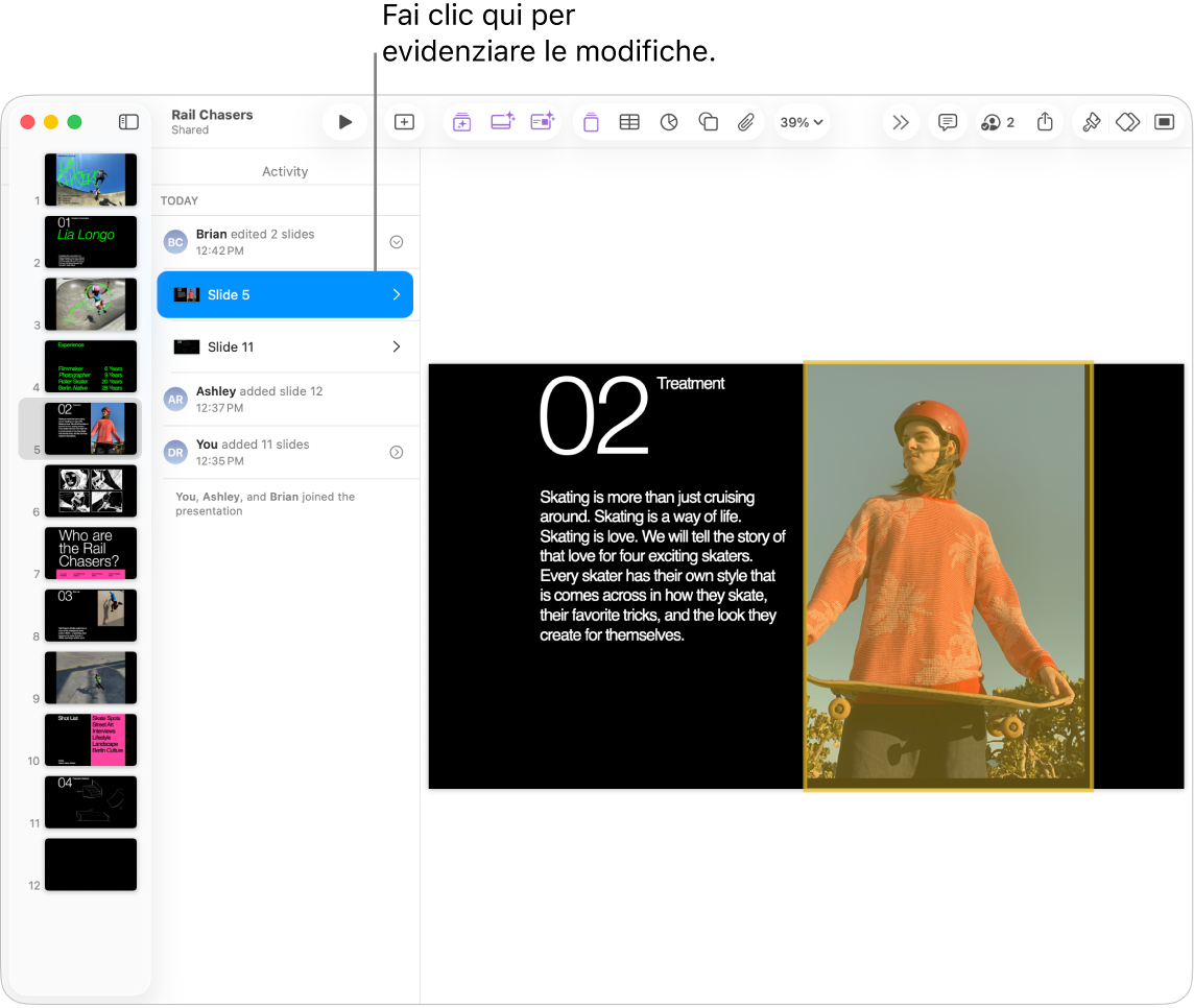 Una presentazione condivisa con il menu Collaborazione e l’elenco delle attività aperti.