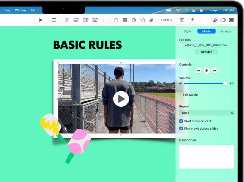 I controlli Formato nel lato destro dello schermo per modificare le dimensioni e l’aspetto del video selezionato. I pulsanti Stile, Filmato e Disposizione si trovano nella parte superiore dei controlli.